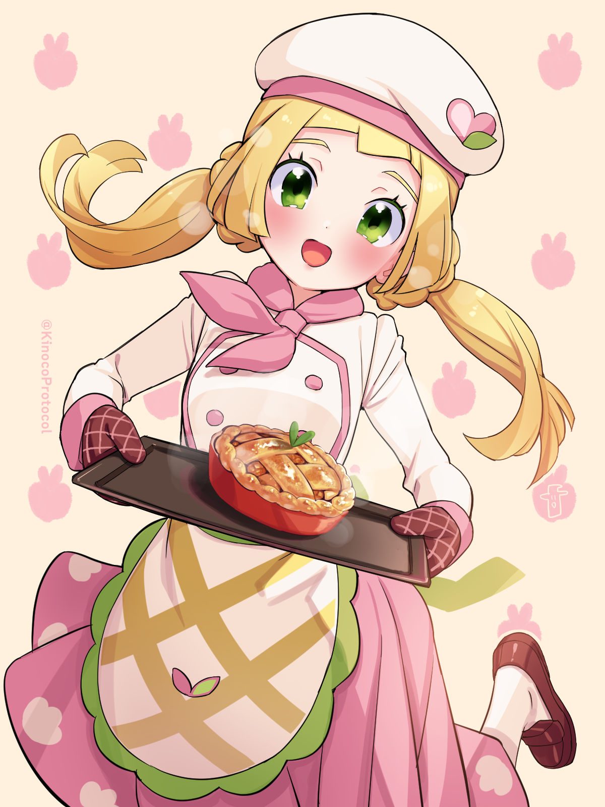 1girl, :d, apple_pie, apron, baking_sheet, bangs, blonde_hair, blunt_bangs