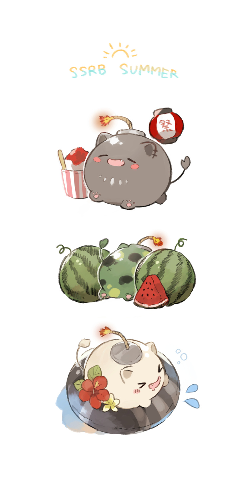 >_<, 3others, blush_stickers, character_name, creature, english_text, fang, food