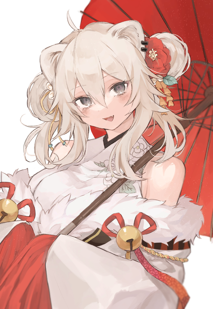1girl, :d, ahoge, animal_ears, bangs, bare_shoulders, blush, breasts