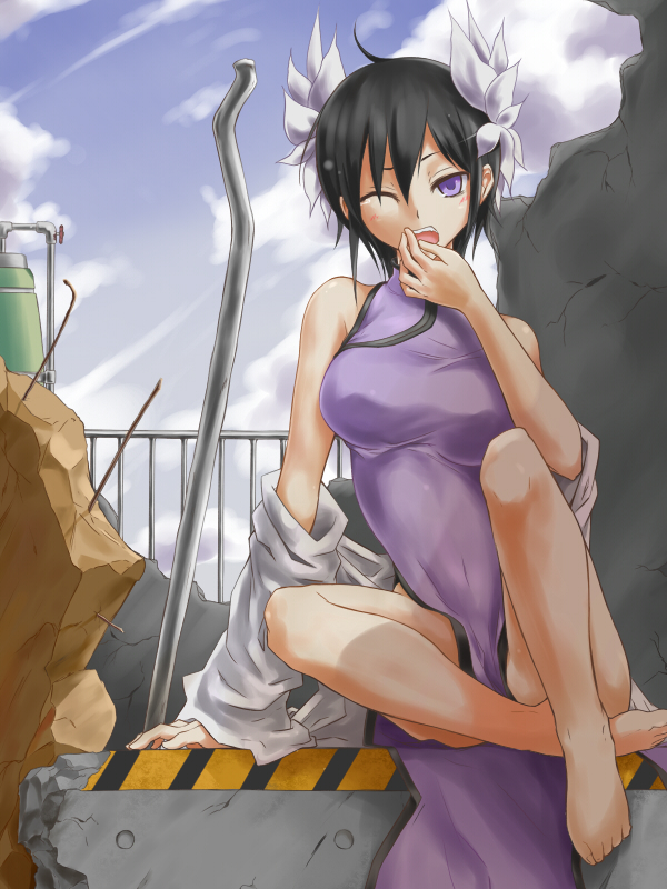 barefoot, black_hair, china_dress, chinese_clothes, ei_li_lei, etsusa_bridge, feet, fence