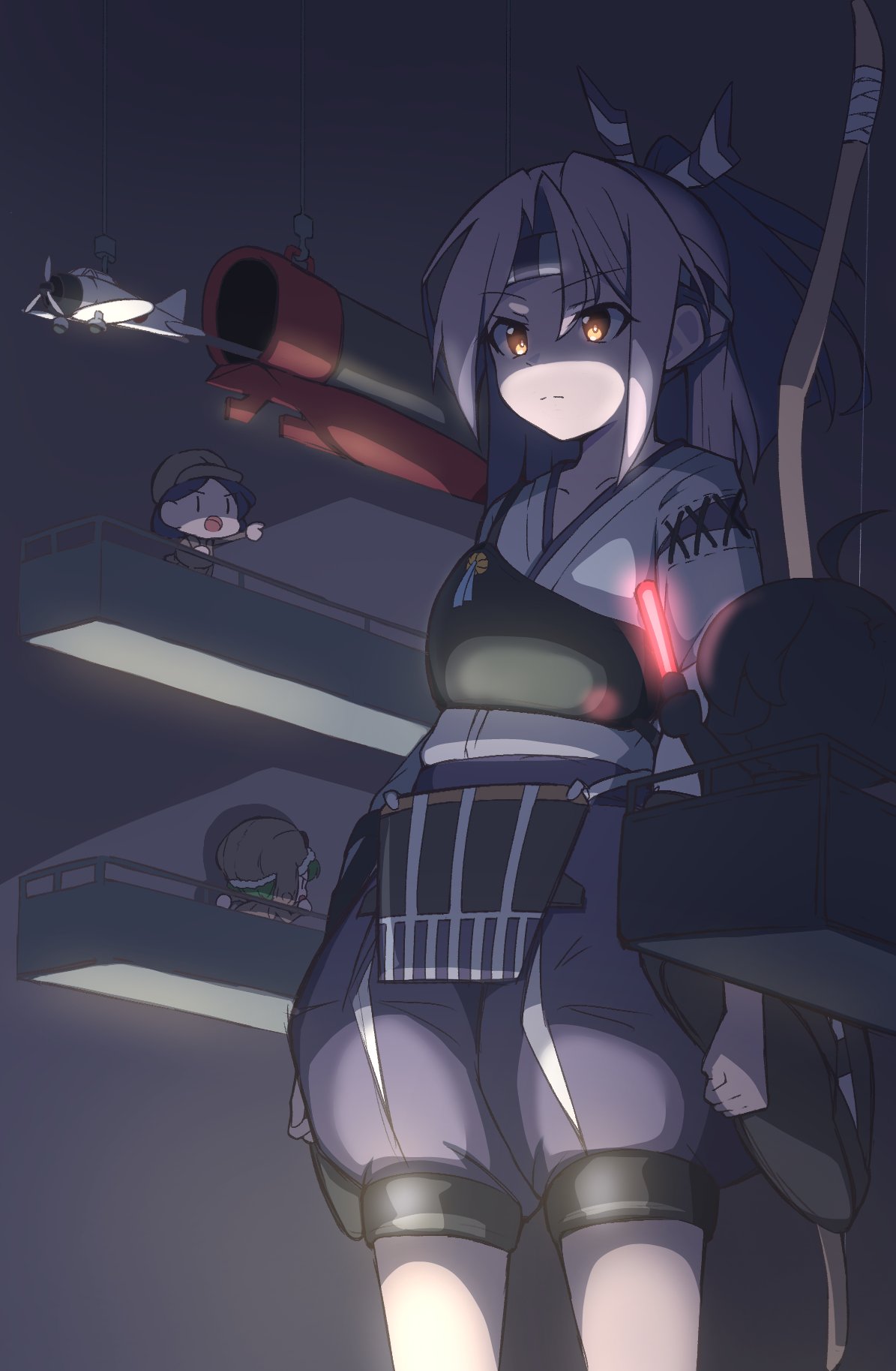 4girls, 702_(naotsu), aircraft, airplane, apron, cowboy_shot, fairy_(kancolle), flight_deck