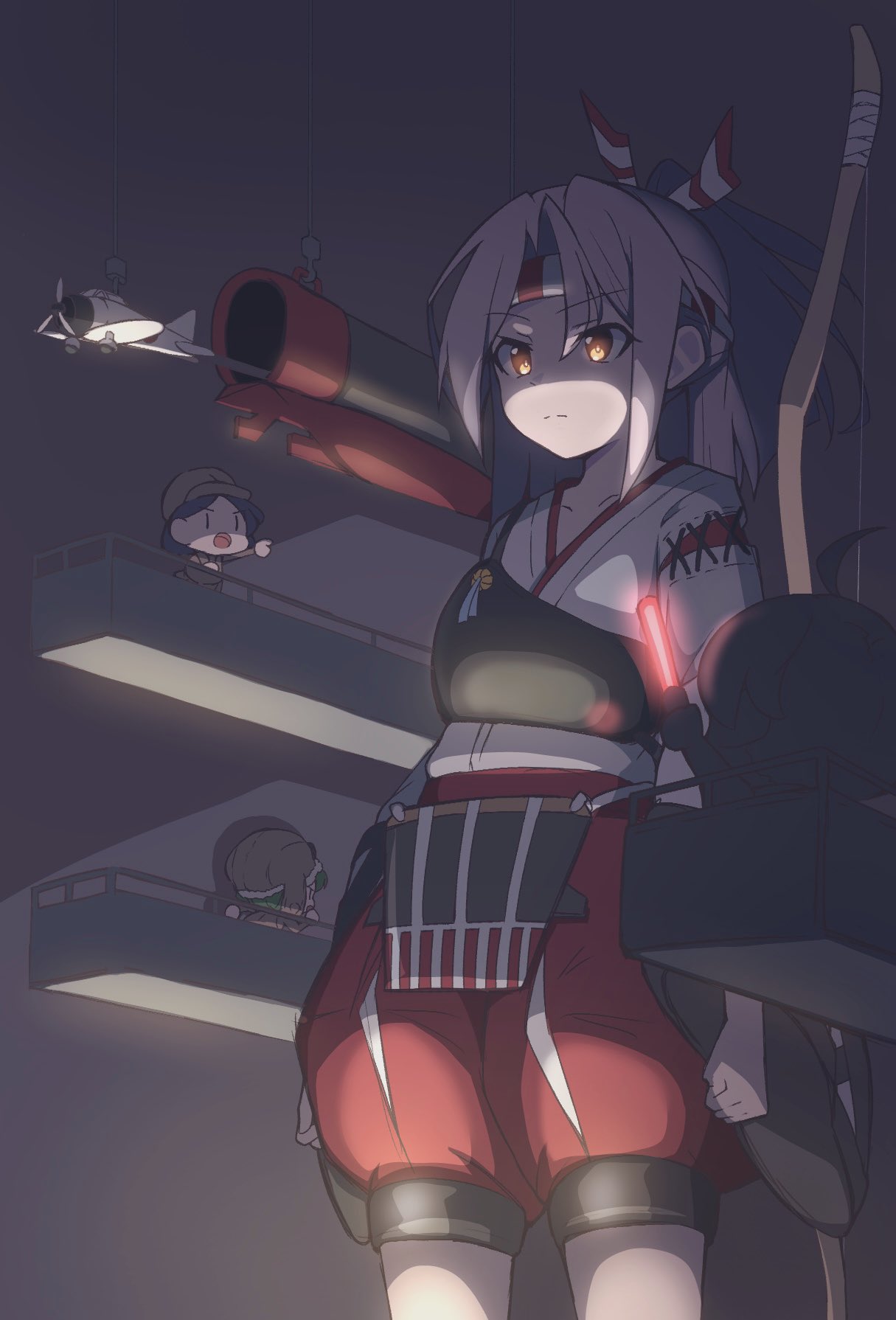 4girls, 702_(naotsu), aircraft, airplane, apron, cowboy_shot, fairy_(kancolle), flight_deck