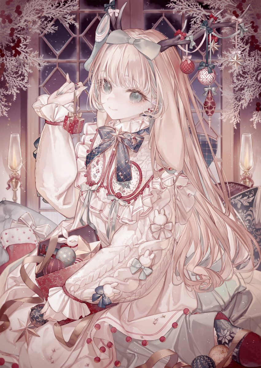 1girl, 774_inc., absurdres, animare, antler_ornament, antlers, aqua_bow, aqua_eyes