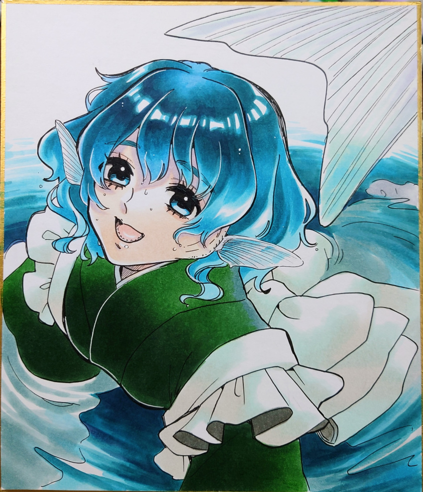absurdres, afloat, barbed_tongue, blue_eyes, blue_hair, fins, fish, fish_tail, frilled_kimono, frills, green_kimono, head_fins, highres, japanese_clothes, kimono, long_sleeves, medium_hair, mermaid, monster_girl, ribbon, tail, tongue, touhou, traditional_media, wakasagihime, water, wet, wet_clothes, wet_hair, white_ribbon, whoru
