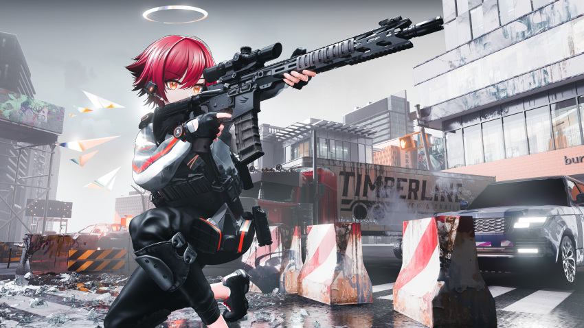 1girl, absurdres, ar-15, arknights, assault_rifle, barbed_wire, barricade, black_footwear