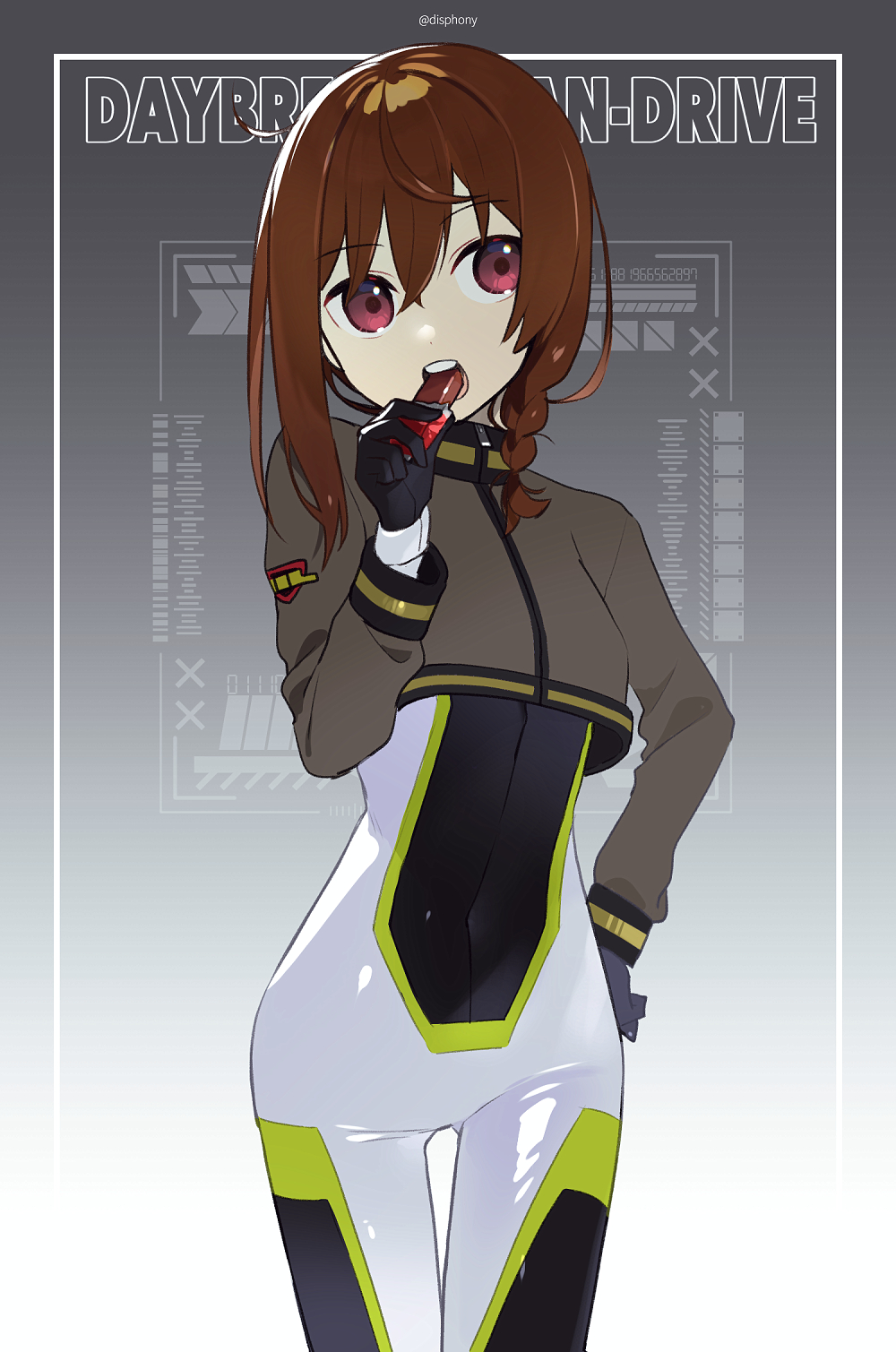 1girl, ass_visible_through_thighs, background_text, bangs, black_gloves, bodysuit, braid, brown_hair