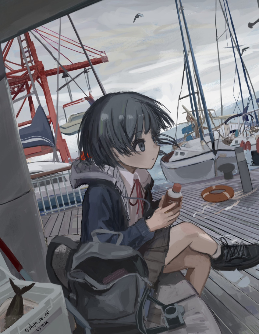 1girl, backpack, bag, bangs, bird, black_footwear, black_hair, boat