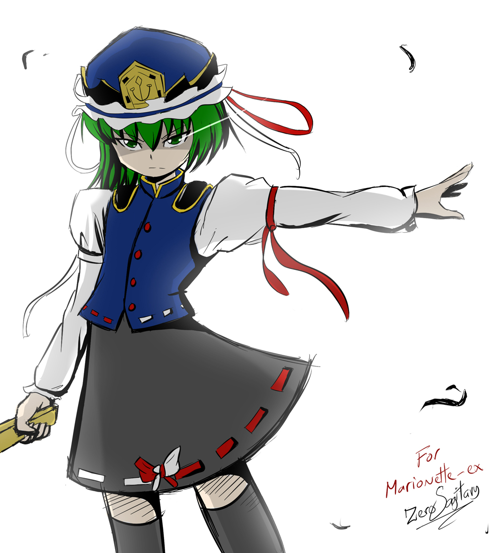 black_skirt, blue_vest, green_eyes, green_hair, red_ribbon, ribbon, shiki_eiki, shirt, short_hair, signature, skirt, touhou, vest, white_background, white_ribbon, white_shirt, zerosagitary