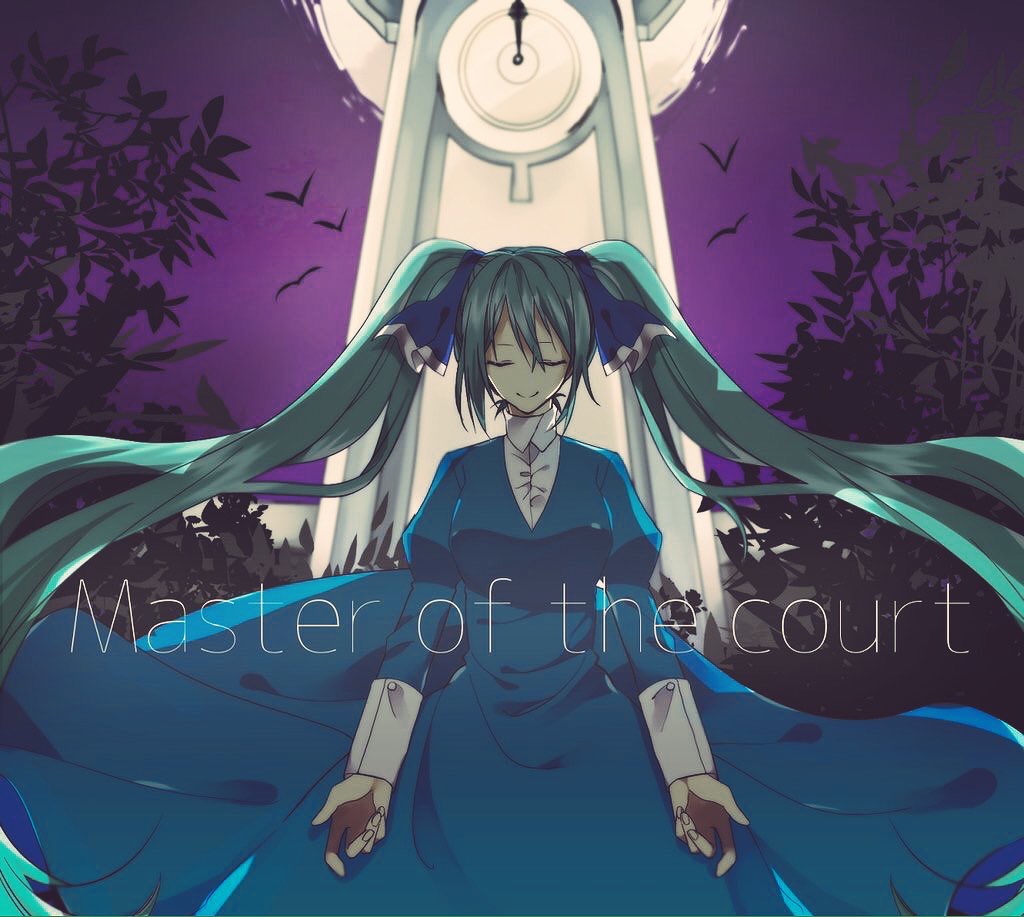 1girl, asterisk_(oa_ir), backlighting, bird, blue_dress, blue_ribbon, clock, clock_tower, clockworker's_doll, closed_eyes, dress, evillious_nendaiki, forest, full_moon, hair_ribbon, hatsune_miku, houtei_no_nushi, long_hair, master_of_the_court_(vocaloid), moon, nature, night, night_sky, pale_skin, purple_sky, ribbon, silhouette, sky, smile, solo, song_name, tower, tree, twintails, very_long_hair, victorian, vocaloid