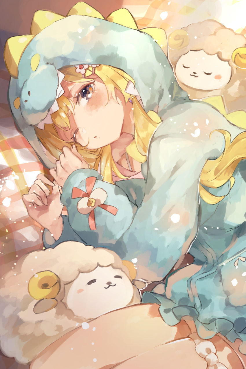 1girl, blonde_hair, blush, dinosaur_hood, flower, hair_flower, hair_ornament, hairclip