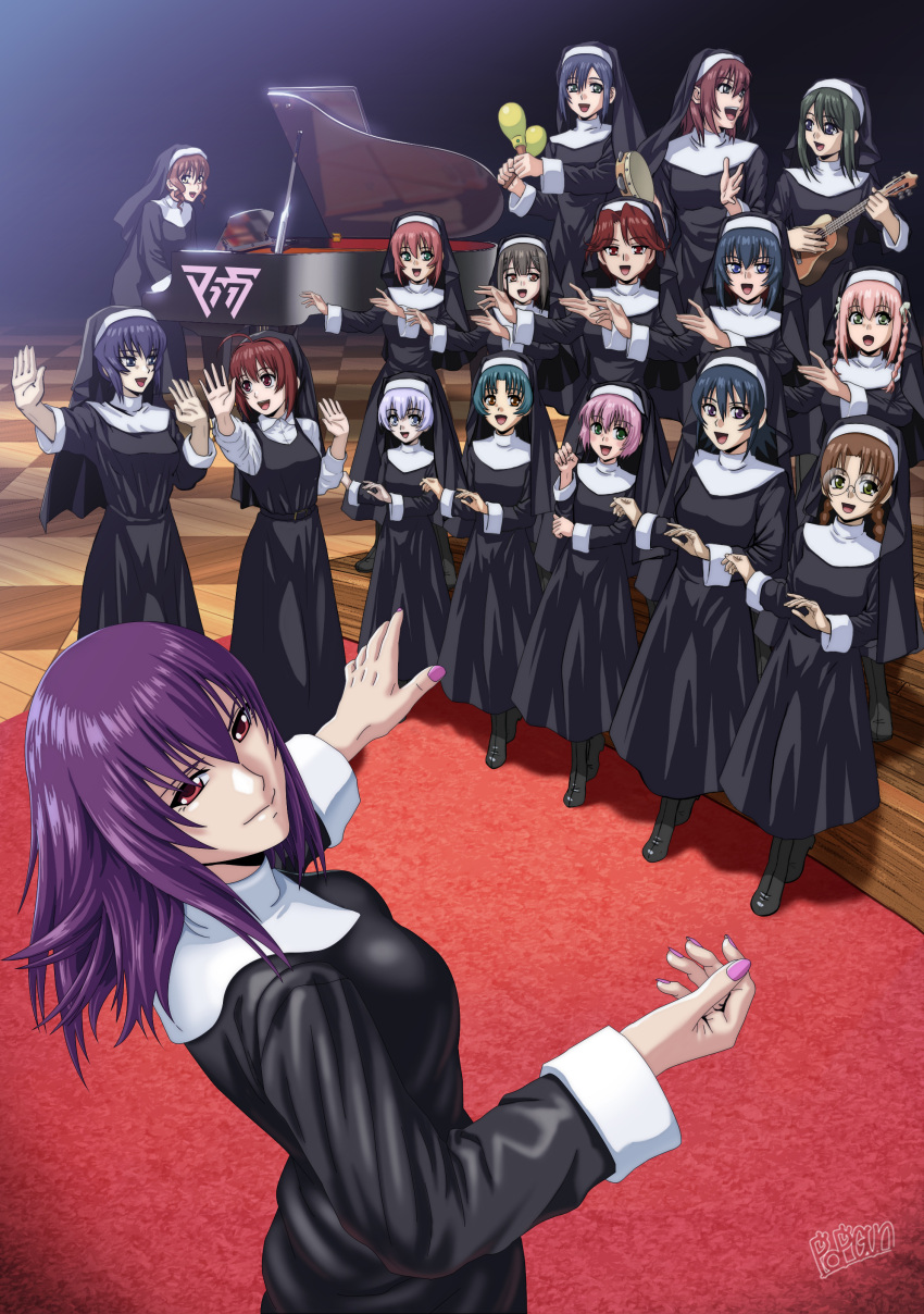 6+girls, :d, absurdres, alternate_costume, ayamine_kei, black_dress, black_hair, blue_eyes