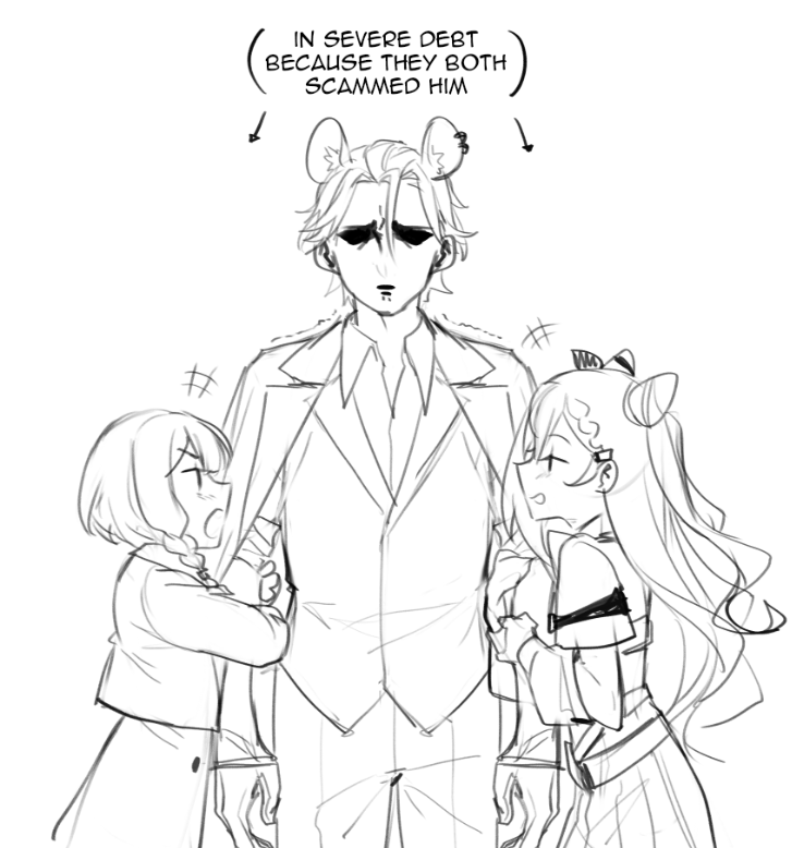 1boy, 2girls, animal_ears, anya_melfissa, arm_grab, cone_hair_bun, dasdokter, english_text