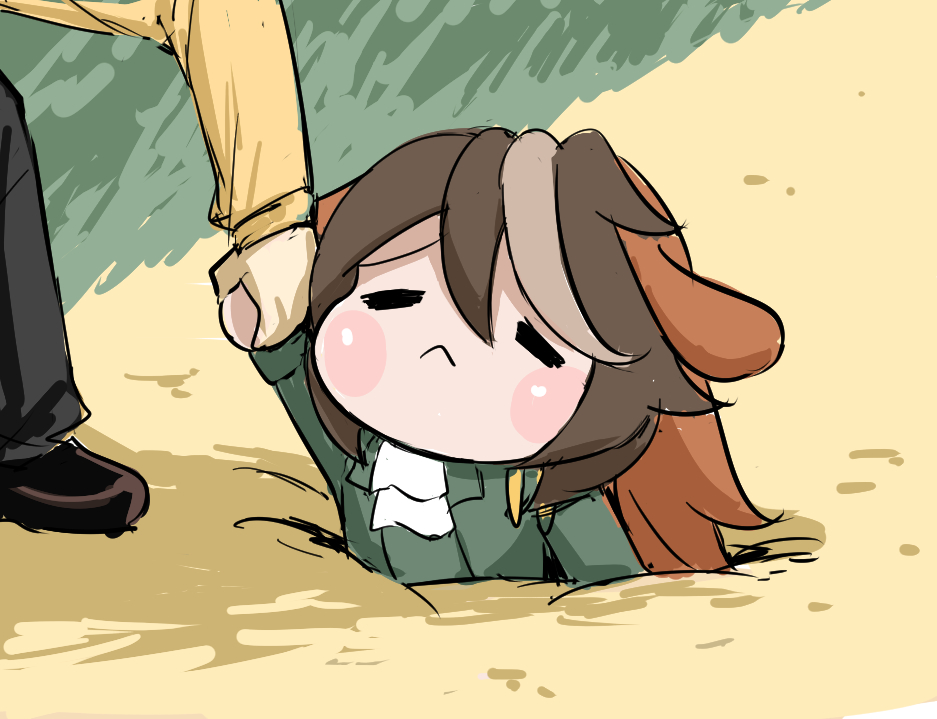 1boy, 1girl, :<, animal_ears, ascot, brown_hair, buried, chibi, green_jacket, ground, holding_hands, horse_ears, horse_girl, jacket, multicolored_hair, multiple_sources, outdoors, photo-referenced, scene_reference, solo_focus, streaked_hair, stuck, symboli_rudolf_(umamusume), tenten_(chan4545), trainer_(umamusume), umamusume, umamusume_tanuki, white_ascot, white_hair