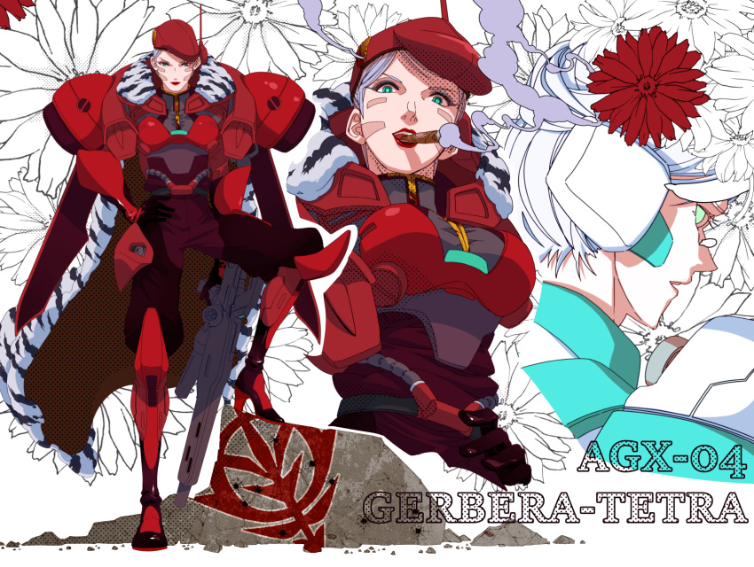 1girl, 8823, bodysuit, character_name, cigar, flower, gerbera_tetra, gloves