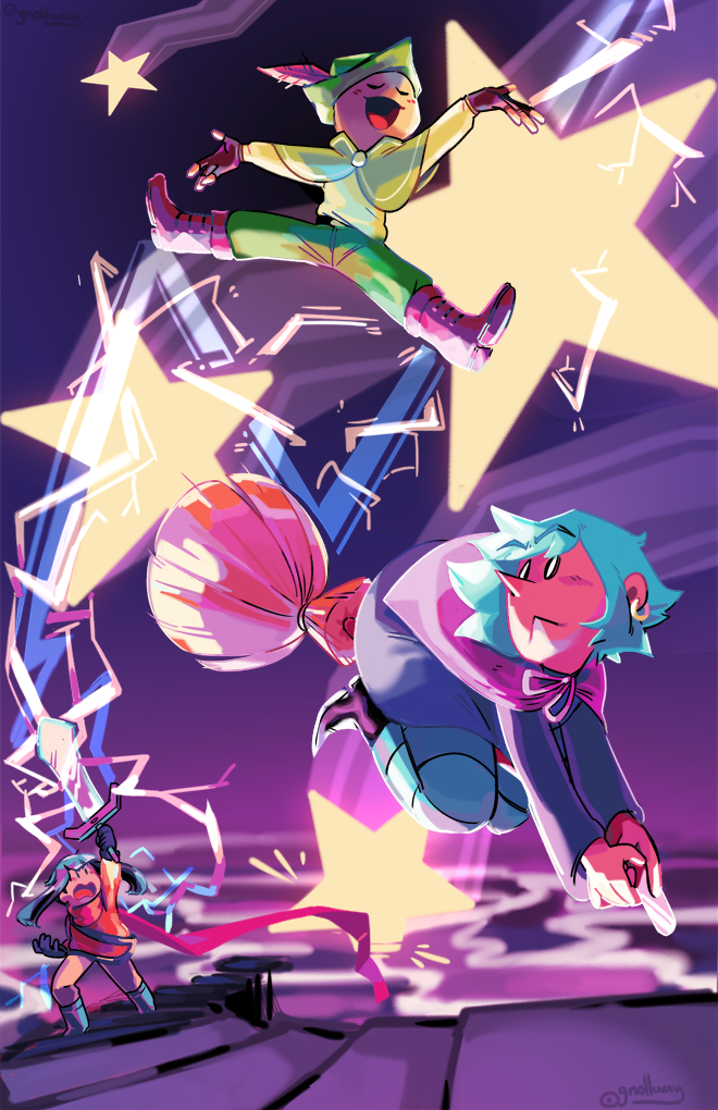 1other, 2girls, :<, :d, audrey_redheart, black_gloves, blue_hair, blush