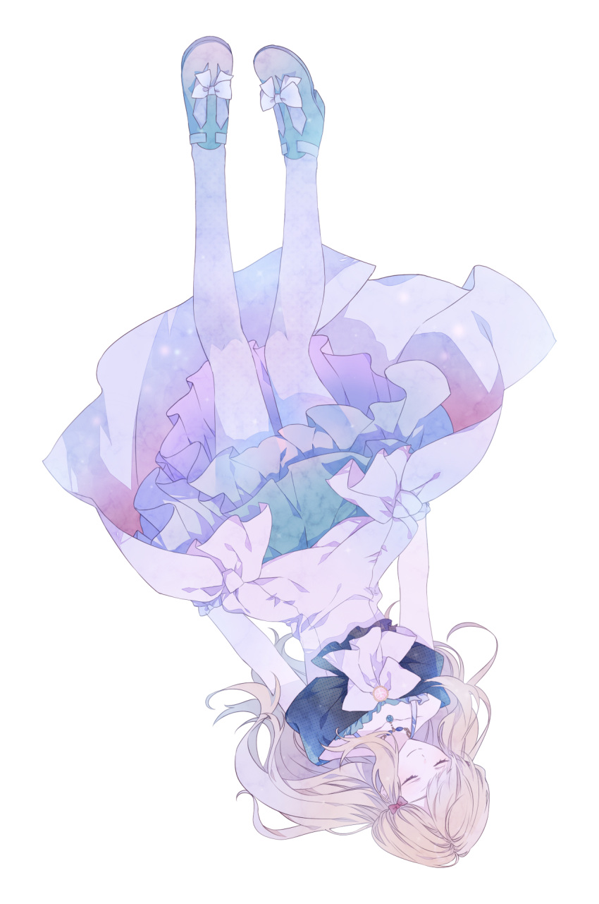 1girl, black_wolves_saga, blonde_hair, blue_dress, bow, closed_eyes, closed_mouth, dress