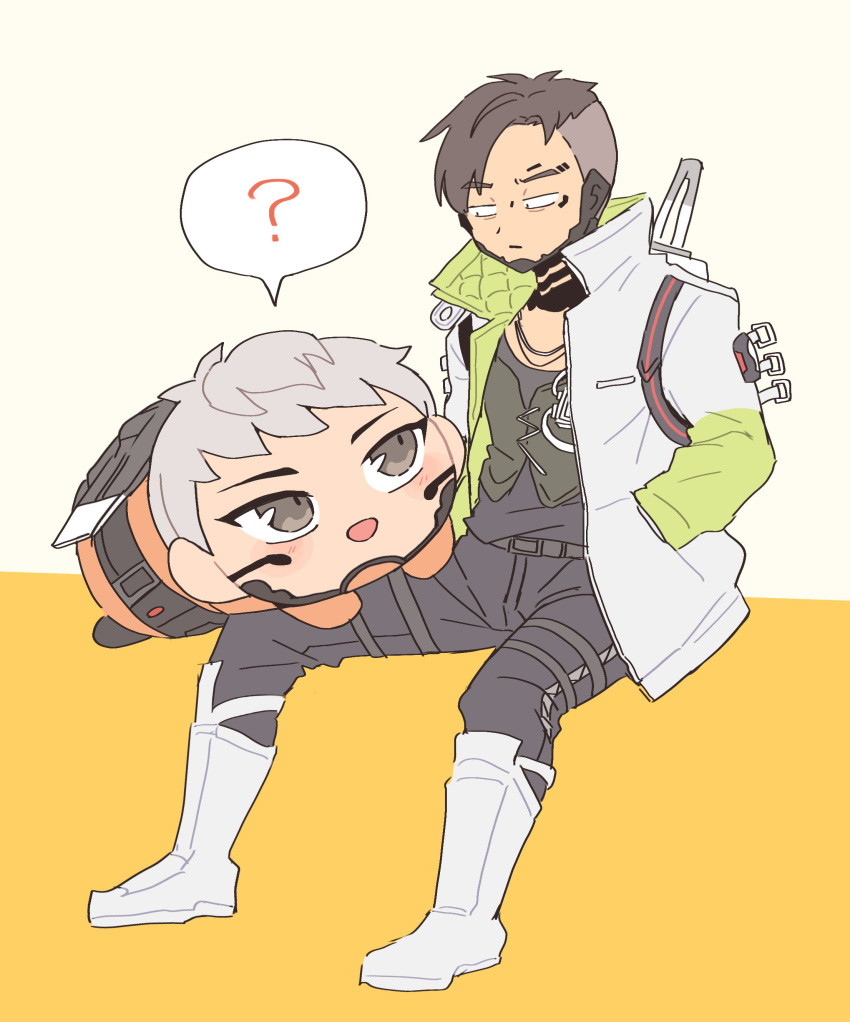 1boy, 1girl, ?, absurdres, animification, apex_legends, belt, black_belt
