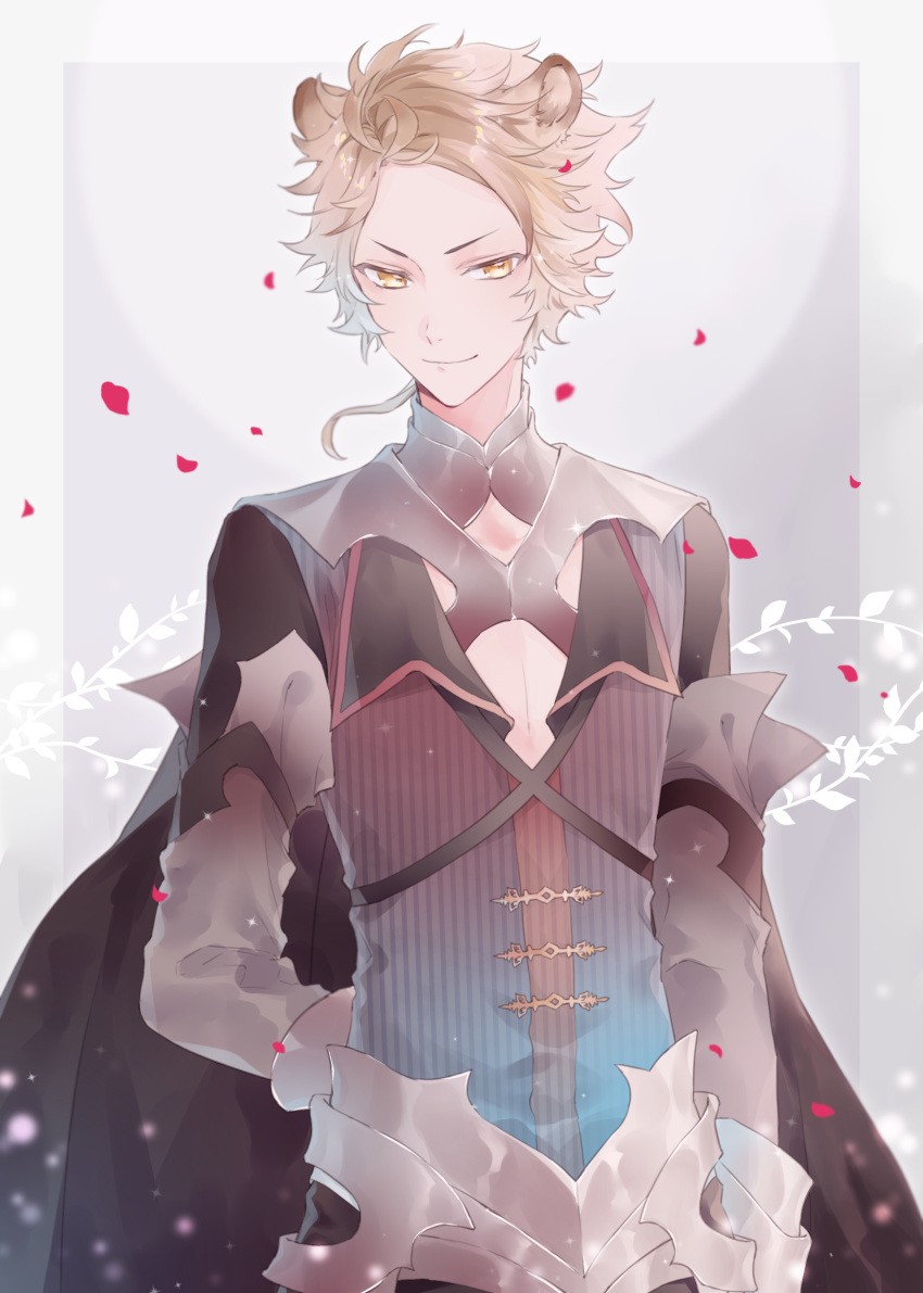 1boy, absurdres, animal_ears, black_shirt, black_wolves_saga, blonde_hair, elza_clifford, grey_background