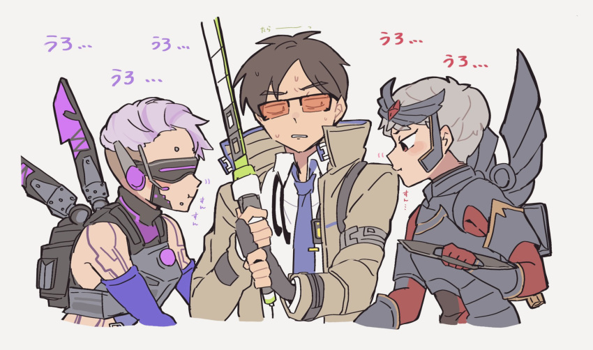 1boy, 2girls, air_orchid_valkyrie, animification, apex_legends, azure_blessing_valkyrie, biwon_blade, blue_necktie
