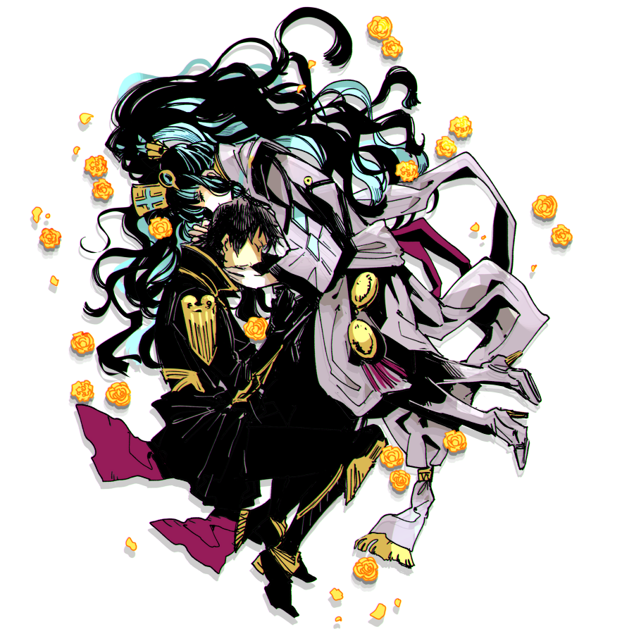 black_hair, black_suit, blue_hair, flower, formal, hug, huitzilopochtli_(fate), izcalli_(fate)