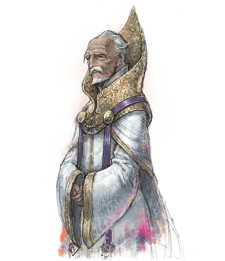 1boy, beard, closed_mouth, cowboy_shot, dark-skinned_male, dark_skin, facial_hair, idore_delmira, ikusy, male_focus, mustache, official_art, old, old_man, priest, robe, short_hair, solo, standing, transparent_background, triangle_strategy, white_hair