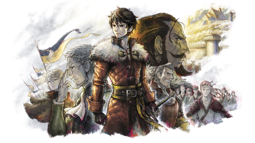 1girl, 4boys, adjusting_eyewear, anna_pascal, armor, banner, beard, belt