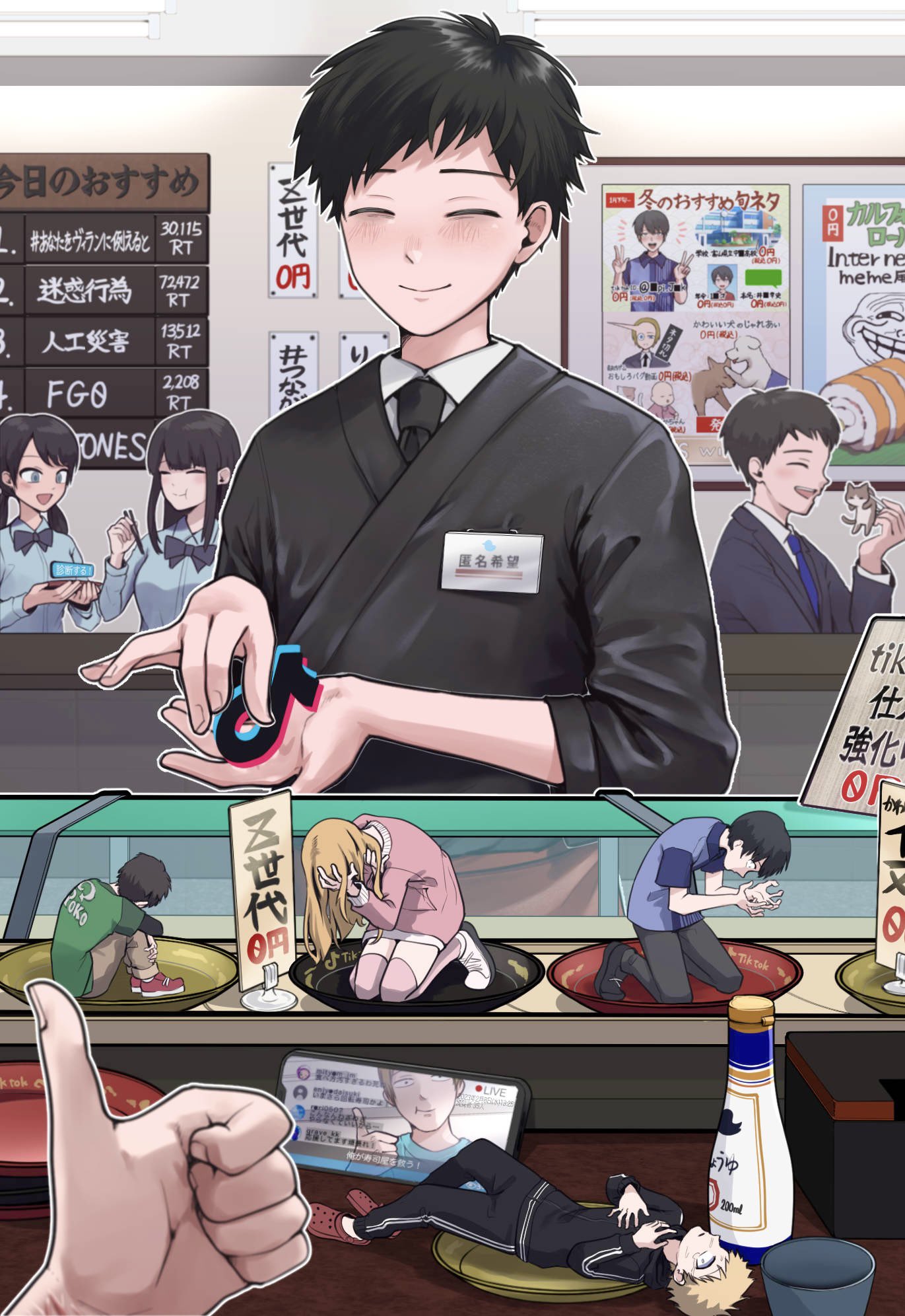 3girls, 4boys, cat, cellphone, chopsticks, closed_eyes, commentary, commentary_request, crying, depressed, dishes, eating, food, grave_kk, highres, holding, holding_chopsticks, indoors, iphone, male_focus, meme, multiple_boys, multiple_girls, name_tag, original, parody, phone, plate, restaurant, sad, satire, scenery, short_hair, smartphone, smile, social_commentary, social_network, sushi, thumbs_up, tiktok, tiktok_logo, translation_request, troll_face
