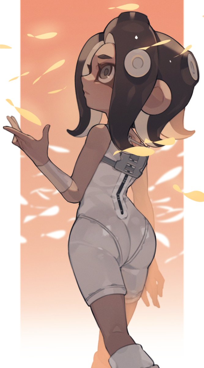 1girl, bare_shoulders, bodysuit, brown_eyes, brown_hair, curvy, dark-skinned_female, dark_skin, fish, highres, looking_up, octoling, octoling_girl, orange_background, outstretched_hand, prat_rat, school_of_fish, sleeveless, sleeveless_bodysuit, solo, splatoon_(series), splatoon_3, splatoon_3:_side_order, suction_cups, tentacle_hair, white_bodysuit, white_footwear, wide_hips, zipper