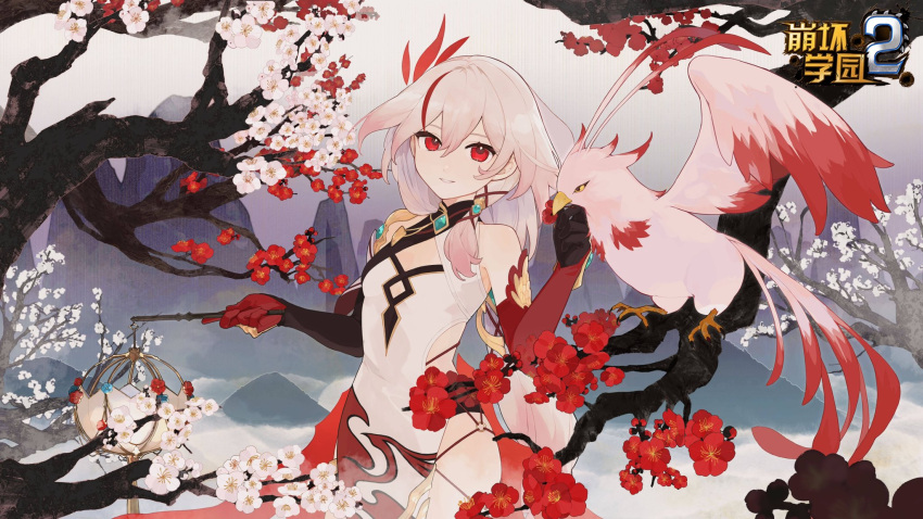 1girl, :d, asymmetrical_gloves, bangs, bare_shoulders, benghuai_xueyuan, bird, breasts