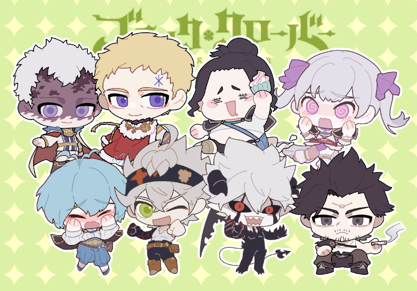 3girls, 5boys, asta_(black_clover), black_capelet, black_clover, black_hair, blonde_hair, blue_hair