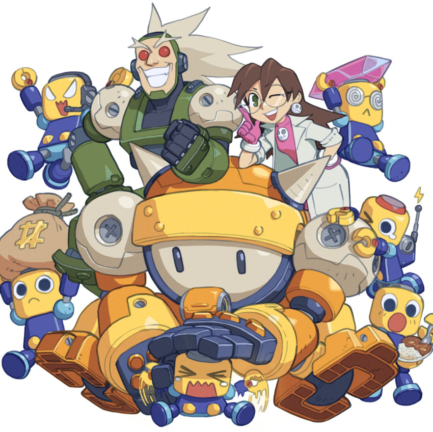 >_<, 1boy, 1girl, 6+others, bon_bonne_(mega_man), brown_hair, cameron_sewell, coat