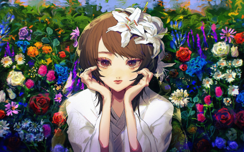 1girl, anago_(tokyo_retro_gokko), brown_eyes, brown_hair, fatal_frame, fatal_frame_5, flower, hair_flower