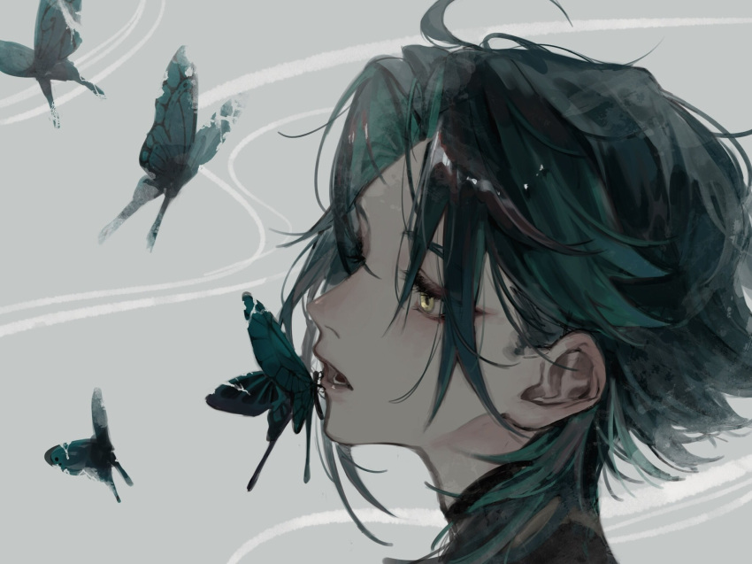 1boy, aqua_butterfly, aqua_hair, bug, butterfly, butterfly_on_face, butterfly_on_mouth, curtained_hair, from_side, genshin_impact, grey_background, highres, looking_ahead, looking_away, male_focus, open_mouth, portrait, short_hair_with_long_locks, sin_005io, solo, xiao_(genshin_impact), yellow_eyes