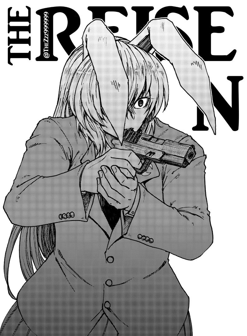 1girl, animal_ears, bangs, blazer, collared_shirt, commentary_request, cowboy_shot, ear_over_one_eye, greyscale, gun, hair_between_eyes, handgun, holding, holding_gun, holding_weapon, jacket, koyubi_(littlefinger1988), long_hair, long_sleeves, looking_afar, monochrome, necktie, rabbit_ears, rabbit_girl, reisen_udongein_inaba, shirt, skirt, solo, the_reisen, touhou, weapon