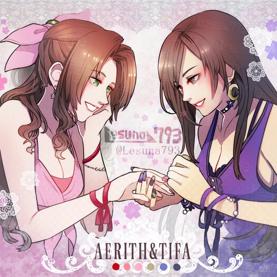 2girls, aerith_gainsborough, alternate_costume, bangs, bare_shoulders, breasts, brown_eyes, brown_hair