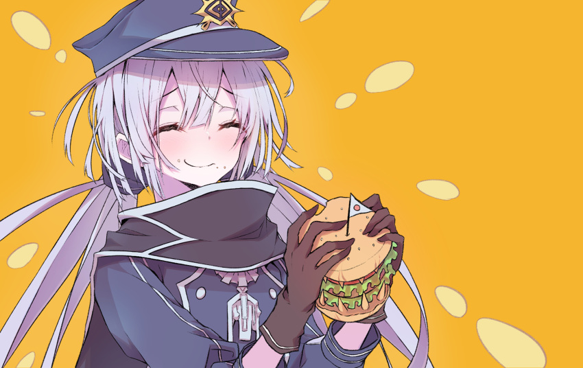 1girl, blush, burger, chewing, closed_eyes, comic, commentary, duel_monster