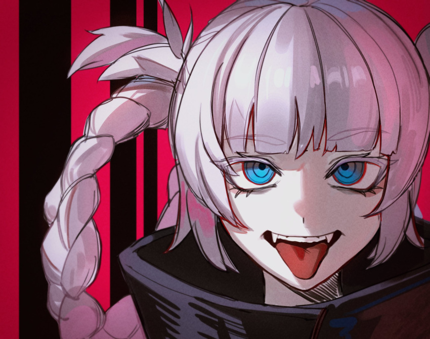 1girl, bangs, black_background, blue_eyes, blunt_bangs, braid, commentary, dethmaid, fangs, grey_hair, high_collar, highres, long_hair, looking_at_viewer, nanakusa_nazuna_(yofukashi_no_uta), portrait, red_background, smile, solo, straight-on, teeth, tongue, tongue_out, twin_braids, upper_teeth_only, yofukashi_no_uta