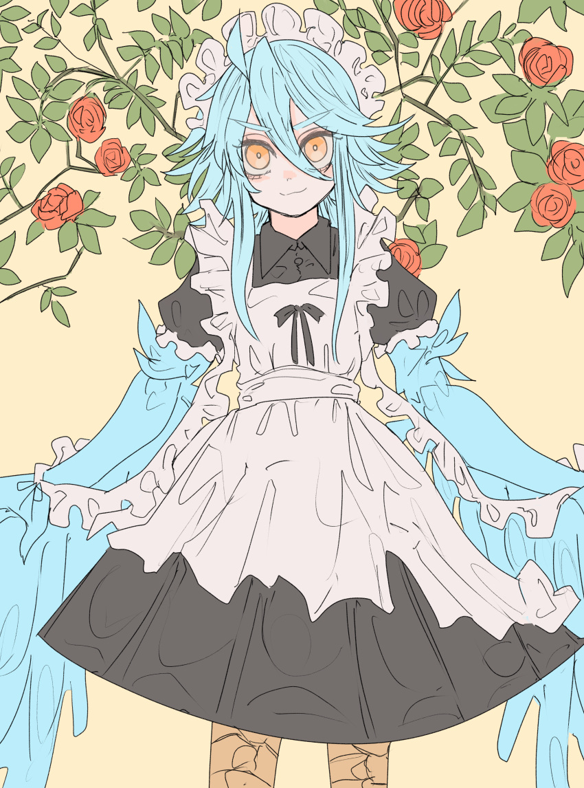 1girl, absurdres, ahoge, alternate_costume, bangs, bird_legs, blue_hair, blue_wings, commentary_request, enmaided, feathered_wings, feathers, flower, hair_between_eyes, harpy, highres, long_hair, looking_at_viewer, maid, maid_headdress, messy_hair, monster_girl, monster_musume_no_iru_nichijou, nebula_flabby, papi_(monster_musume), red_flower, red_rose, rose, sidelocks, smile, solo, winged_arms, wings, yellow_background, yellow_eyes
