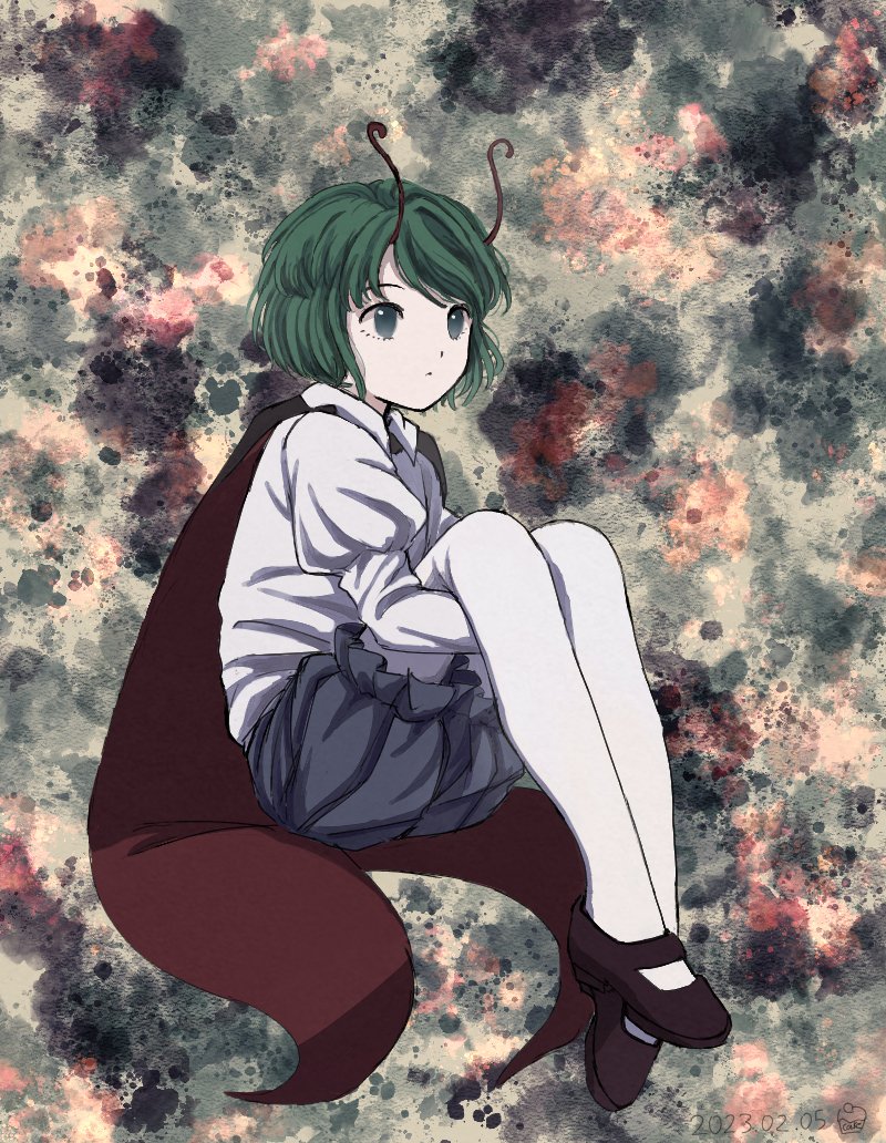 1girl, abstract_background, bangs, black_cape, black_footwear, black_shorts, cape, chisa_yasunaga