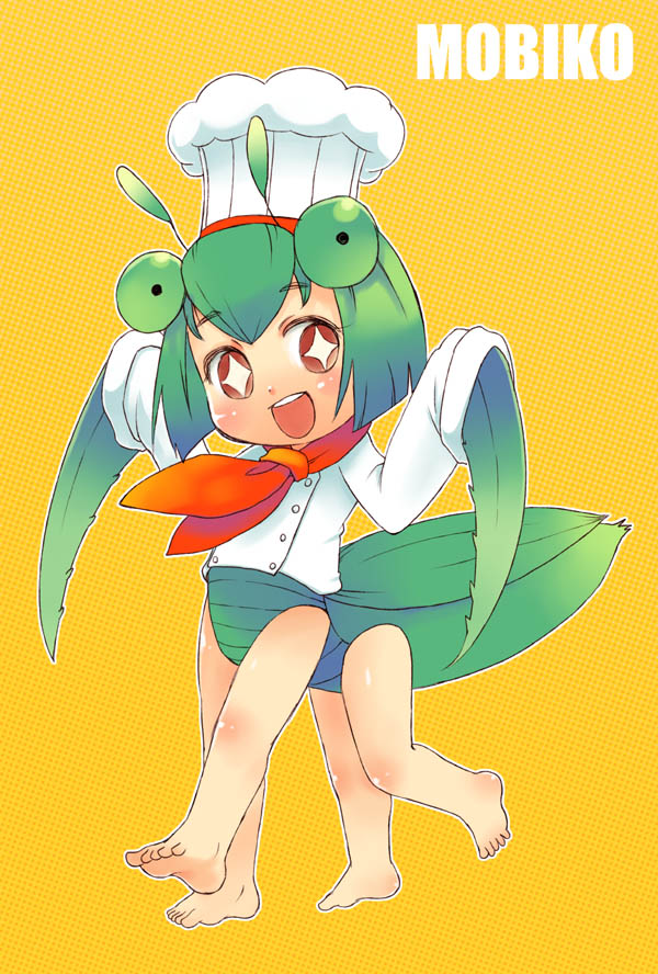 1girl, antennae, arthropod_girl, barefoot, blush, brown_eyes, character_name, chef, chef_hat, dangan, diamond-shaped_pupils, diamond_(shape), hat, mantis_girl, mobiko, multiple_legs, neckerchief, open_mouth, os-tan, red_neckerchief, solo, symbol-shaped_pupils, teeth, upper_teeth_only, white_headwear, yellow_background