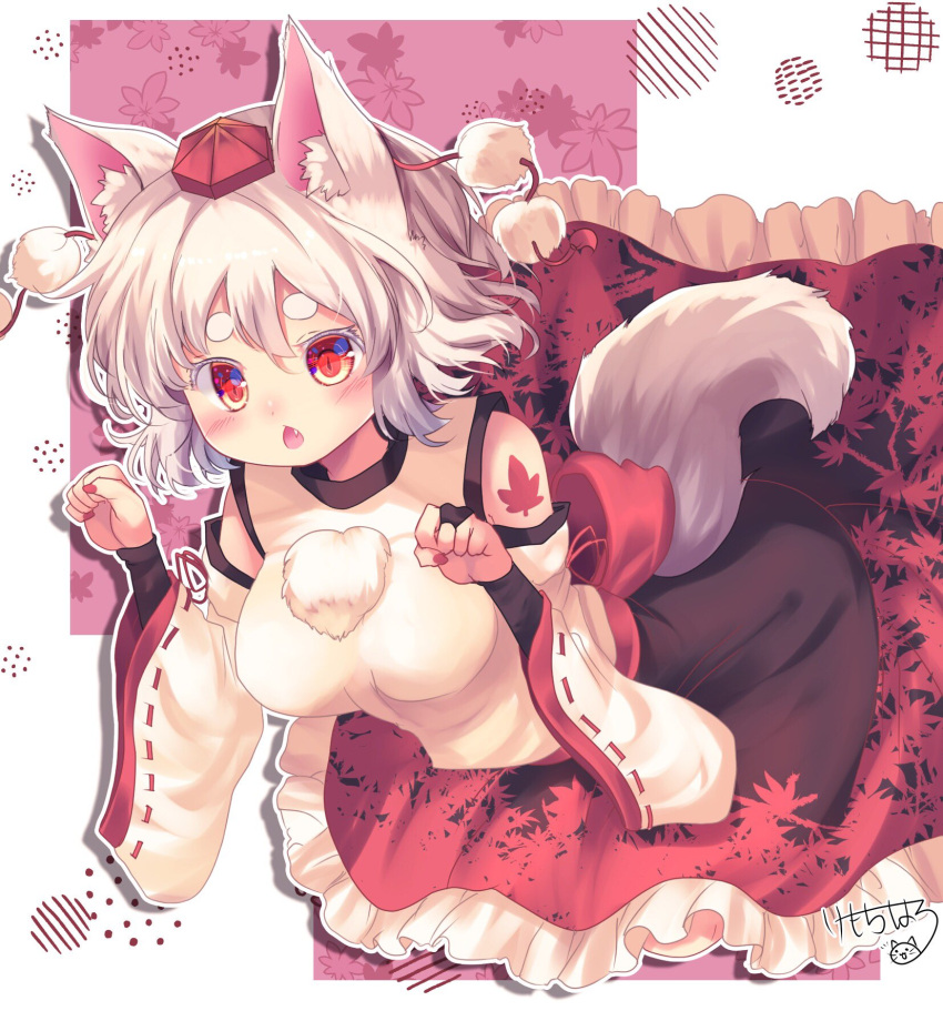 1girl, animal_ear_fluff, animal_ears, bangs, black_bridal_gauntlets, black_skirt, blush, breasts
