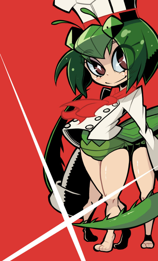 1girl, arthropod_girl, blush, brown_eyes, chef, chef_hat, diamond-shaped_pupils, diamond_(shape), eyelashes, green_hair, hat, long_sleeves, mantis_girl, mobiko, multiple_legs, neckerchief, os-tan, red_background, red_neckerchief, short_hair, smile, solo, soxy, symbol-shaped_pupils, weapon, white_headwear