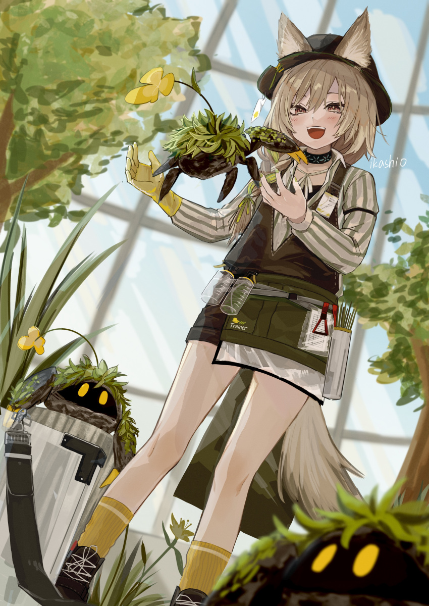 1girl, :d, absurdres, animal_ears, arknights, beanstalk_(arknights), black_shorts, blush