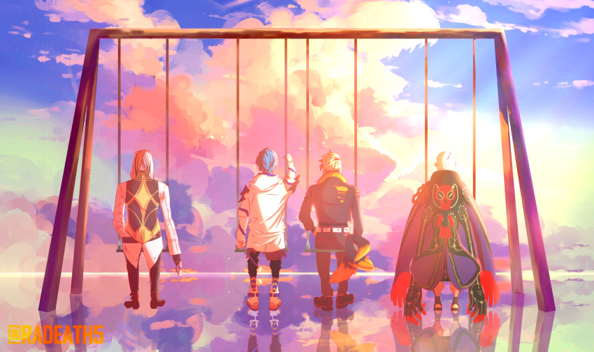 4boys, absurdres, axel_syrios, back, clouds, cloudy_sky, evening, highres, holostars, holostars_english, magni_dezmond, multiple_boys, noir_vesper, radeath5, reflection, regis_altare, scenery, sky, swing