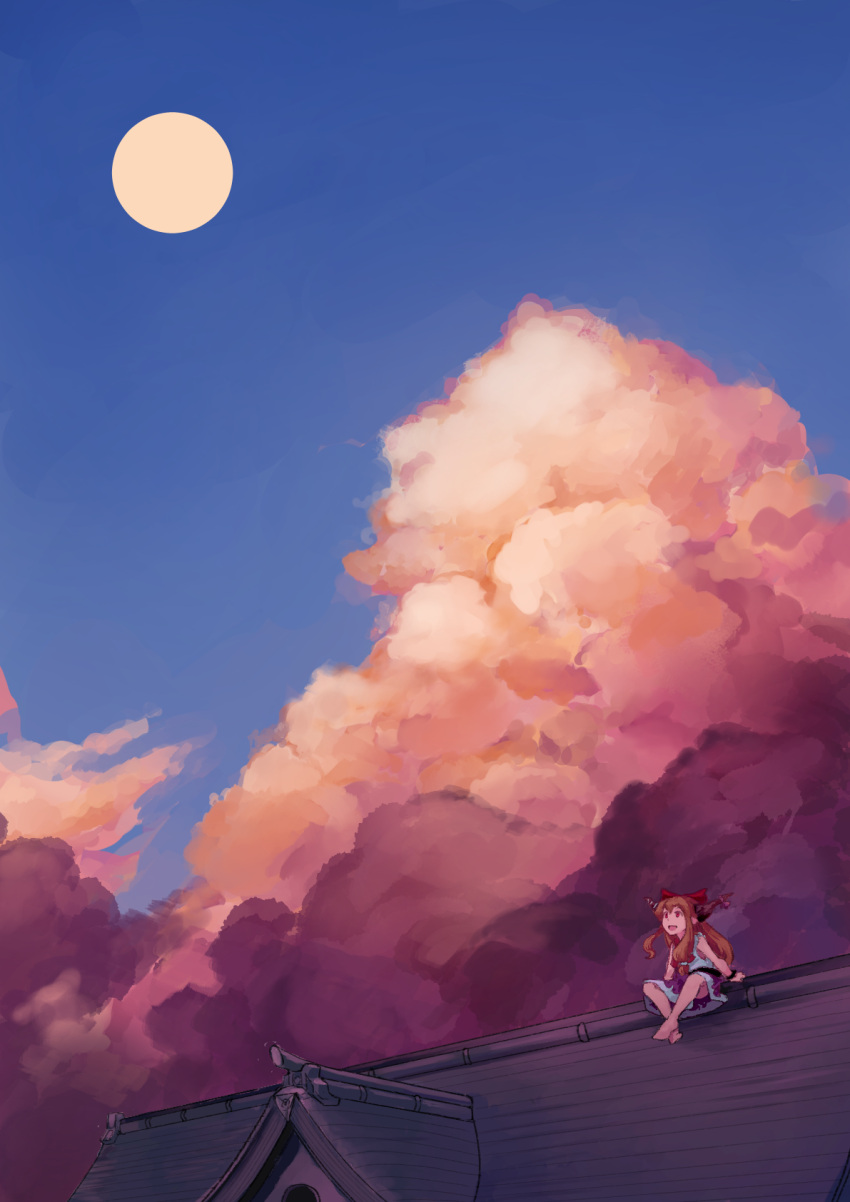 1girl, bangs, barefoot, belt, black_belt, blue_sky, bow, brown_horns