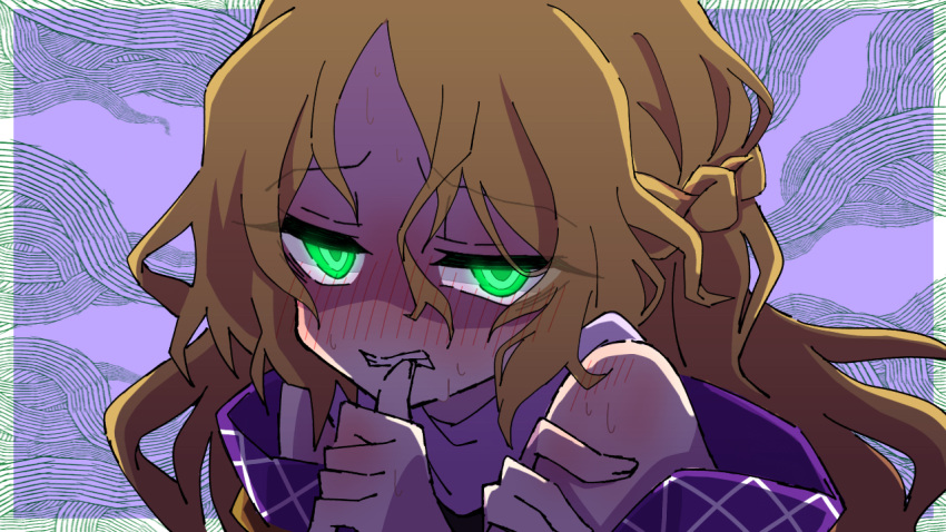 1girl, alternate_hair_length, alternate_hairstyle, bangs, biting, blonde_hair, blush, braid