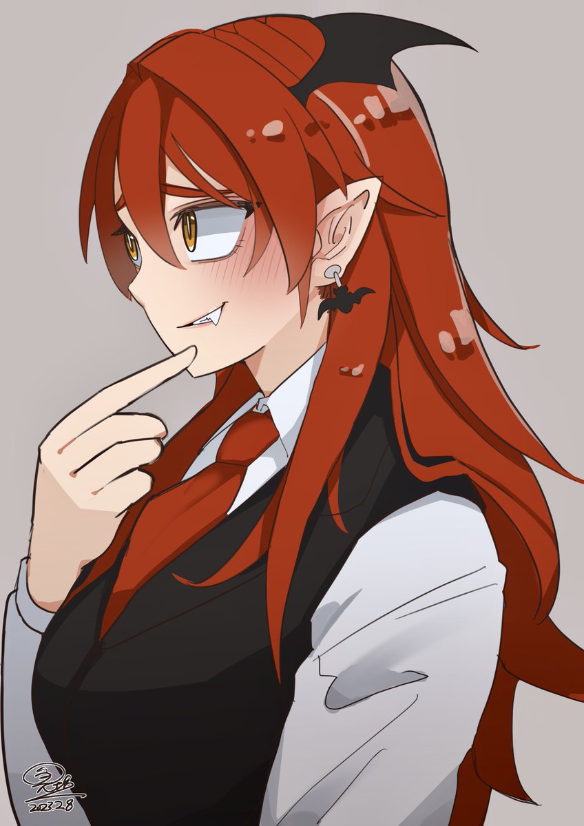 1girl, bangs, bat_wings, black_vest, black_wings, blush, breasts, collared_shirt