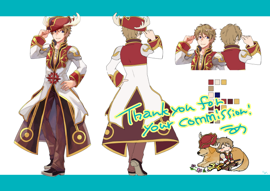 1boy, antlers, bangs, bicorne, blue_eyes, brown_coat, brown_hair, brown_pants, chibi, coat, color_guide, commentary_request, commission, cross, cross_necklace, dog, flower, full_body, gold_trim, grin, hat, hat_tip, high_priest_(ragnarok_online), jewelry, layered_clothes, long_sleeves, male_focus, necklace, pants, pink_flower, ragnarok_online, red_coat, red_headwear, shoes, short_hair, skeb_commission, smile, umaruzo, white_coat
