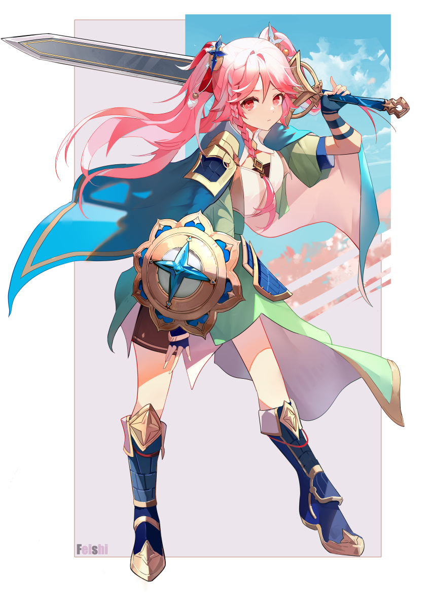 1girl, absurdres, arm_up, artist_name, bangs, blue_cape, blue_footwear, blue_gloves