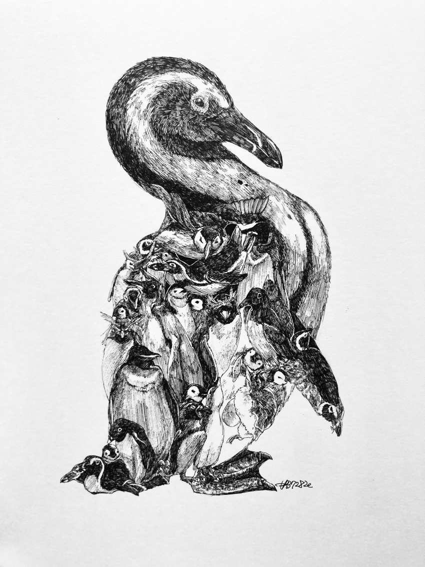 b7282e, absurdres, african_penguin, animal_focus, artist_name, bird, chick, commentary_request, egg, emperor_penguin, english_commentary, fairy_penguin, greyscale, highres, mixed-language_commentary, monochrome, no_humans, original, partial_commentary, penguin, rockhopper_penguin, signature, simple_background, traditional_media, white_background